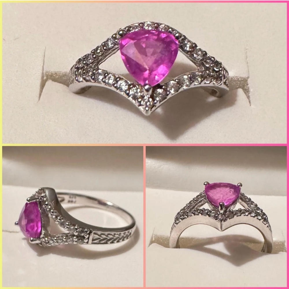 Natural Pink Sapphire Trillion Cut w/Round White Zircons Ring Size 9